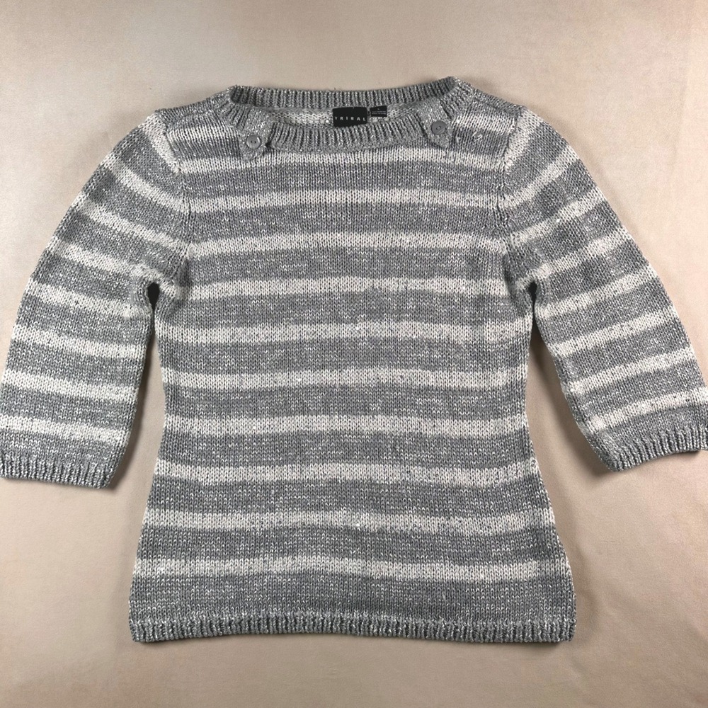 Tribal Womens L Gray Striped Metallic Shimmer Knit Sweater Pullover Casual Chic